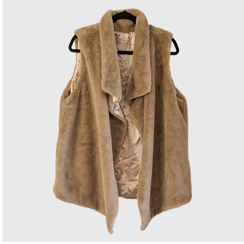 Philosophy XL Faux Fur Open Front Vest Tan Satin Lined Cozy Layering Soft Teddy